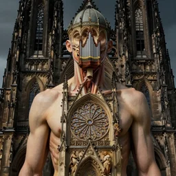 photo of a human upper body morphing together with a gothic cathedral with rose window in the chest, church organ in the throat, dome in the head, anatomically correct medical photography, moody, highly detailed, artstation, rule of thirds, sharp focus, art by raphael, john william godward, ernst haeckel, alphonse mucha, francois schuiten