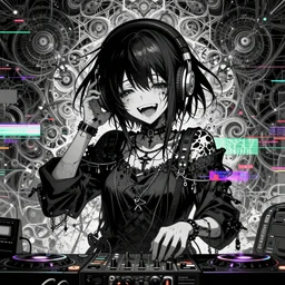 manic anime girl wearing headphones, laughing, crazy, hardcore techno, electronic music, crossbreed, esoteric fractal glitchy background, dark and gothic, brutal, somber, stylized, japanese, artstation, highly detailed, noisy, vhs glitch, expired film, amazing composition, 4 k