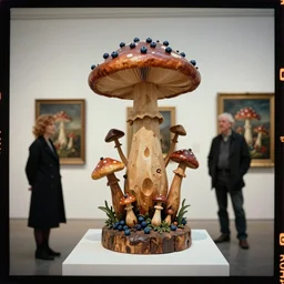 kodak portra 4 0 0, wetplate, blueberry, 1 9 3 0 s style, award winning portrait of wooden skulptur of crazy magic mushrooms by willy verginer in a vernissage in the style of britt marling and by georges melies