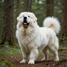 a photograph of bun bun the great pyrenees playing in the forest, hyperrealism, photo realistic, canon pro
