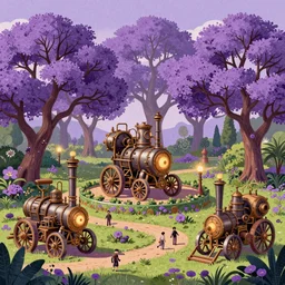 purple flower trees, steampunk!!!! steam machines, garden, grainy texture!!!!!!!!!!!!!!!!!!!!!, infographic with illustrations, glowing lights, epic fantasy, colorfully, digital art, highly saturated colors, concept art, detailed illustration, hd, 4 k, digital art, greg rutkowski, dan mumford, studio ghibli trending on artstation