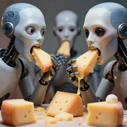 incredible strange absurd closeup artwork of androids tasting cheese, finding it very weird but yet tasteful at the same time, weird tasting ritual of cheese products in the style of tim walker fashion photography