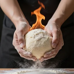 a dough ball between two hands, flour dust, backlit, action photography, black background, fire, photo, 8k