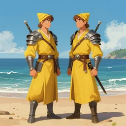 fantasy character illustration of two twins wearing yellow robes and armor, looking at each other the same way, standing on a sandy ocean shore, trending on artstation, digital art ( by jesper ejsing ) ( by clint cearley ) ( by raluca marinescu )