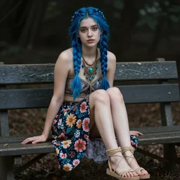 dslr photo of a pretty young woman with braided strands, blue hair, sitting on a bench wearing a flower skirt, and body and wearing hemp sandals and a very detailed faerie necklace around neck, artgerm, artstation, very high quality face, extremely high quality, moody lighting, real camera, real photo, photography by deviantart, 8 k, full subject in shot