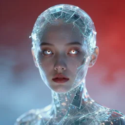 closeup portrait of a transparent beautiful cyborg girl, shattered glass skin, glowing iris, cinematic light, backlight glow, red sky blue, mist, by mikhail vrubel, by philippe druillet, by peter elson, by gerald brom, muted colors, ( ( extreme detail ) ), trending on artstation, 8 k
