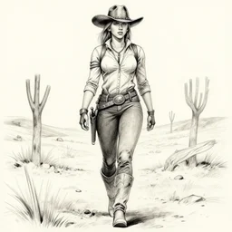 scarlett johansson as a gunslinger in afro samurai manga style, pencil and ink, walking the wild west wastelands