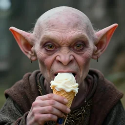 closeup portrait of a medieval goblin eating icecream, depth of field, zeiss lens, detailed, symmetrical, centered, fashion photoshoot, by Annie Leibovitz and Steve McCurry, David Lazar, Jimmy Nelsson, Breathtaking, 8k resolution, extremely detailed, beautiful, establishing shot, artistic, hyperrealistic, beautiful face, octane render