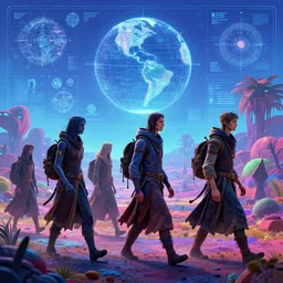 group of gamma world mutant merchant nomads walking through a psychedelic landscape, in the style of Rob Lefield, trending on artstation, light lighting side view,digital art,surrealism ,macro,blueprint ,vaporwave ,