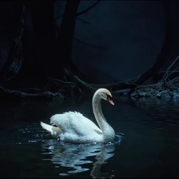 dark eerie movie frame, greek fantasy panorama, a shining swan in the magic shining river styx, at night, otherworldly, stanley kubrick, 1 7 mm, wide shot, surreal, deep