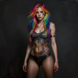 full body pose, hyperrealistic mixed media painting of a beautiful grungy woman, rainbow hair, fishnets, dim volumetric lighting, 8 k, octane beautifully detailed render, extremely hyper detailed, intricate, epic composition, cinematic lighting, masterpiece, trending on artstation, very very detailed, masterpiece, stunning, hdr, smooth, sharp focus, high resolution, award, winning photo, dslr, 5 0 mm
