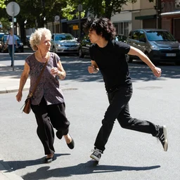 candid photo of Aphex Twin chasing an old lady down the street, sunny day,