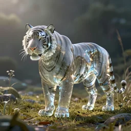a majestic glass tiger standing in a field, blender rendering, 3d render