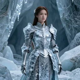 a regal brown woman wearing an intricate and detailed armor made of ice. ice caves. glaciers. dramatic shadows. reflections. volumetric lighting. textures. delicate. translucent. studio portrait. photorealistic. octane render