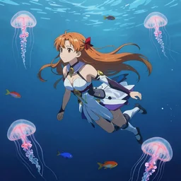 dreamy portrait of a beautiful Asuna from Sword Art Online, anime, swimming underwater around bioluminiscent jellyfishes and fishes, volumetric lighting, smooth 4k