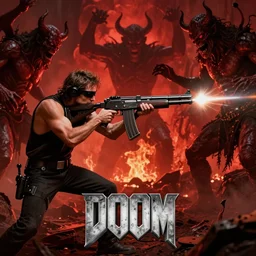 doom 1 9 9 3, of jordan peterson shooting a machine gun at demons that surround him in hell