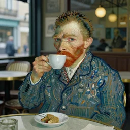 a photograph of a vincent van gogh drinking a cup of coffee at a restaurant