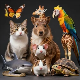 photo of a cat dog mouse horse giraffe turtle parrot lizard shark butterfly snake hamster, highly detailed, extremely high quality, hd, 4 k, 8 k, professional photographer, 4 0 mp, lifelike, top - rated, award winning, cinematic, realistic, detailed lighting, detailed shadows, sharp, no blur, edited, corrected, trending