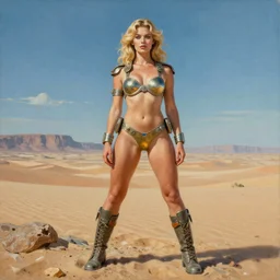 A mixed media portrait painting of a beautiful blonde woman posing on a desert alien planet, soldier, curvy, atomic-space-age style armor-bikini and boots, aesthetic symmetrical face and eyes, slavic, by Boris Vallejo, Beeple, Frank Frazetta, Greg Rutkowski, Christian MacNevin, epic fantasy character art, high fantasy, CGsociety, 60's Sci-fi Pinup style, exquisite detail, post-processing, masterpiece, cinematic, crysis