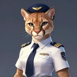 character portrait feature of the anthro female anthropomorphic puma bobcat mountain lion fursona wearing airline pilot outfit uniform professional pilot for delta airlines character design stylized by charlie bowater, ross tran, artgerm, and makoto shinkai, detailed, soft lighting, rendered in octane