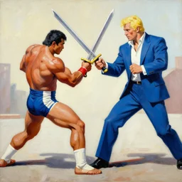 greg manchess painting of a sword fight between a filipino wrestler and a blond man in a blue suit, organic painting, sunny day, matte painting, bold shapes, hard edges, street art, trending on artstation, by huang guangjian, gil elvgren, ruan jia, randy vargas, greg rutkowski