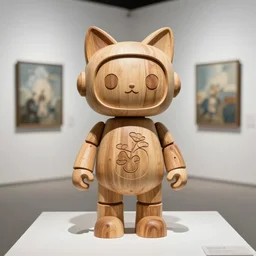 8k octa photo ,a wooden sculpture art toys on feet cute robot zen gardener with cat ears ,a contemporary art gallery