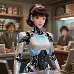 cybertronic mechanoid led fembot. highly detailed portrait of motoko kusanagi as a robotic shopkeep with a retro hairstyle. screenshot from hbo's westworld ( 2 0 1 6 ), norman rockwell, stephen bliss, 8 k, art by greg rutkowski, makoto shinkai, global radiant illumination, detailed and intricate environment