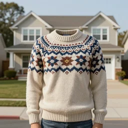 A suburban house wearing a beautiful knitted sweater, landscape architecture photo
