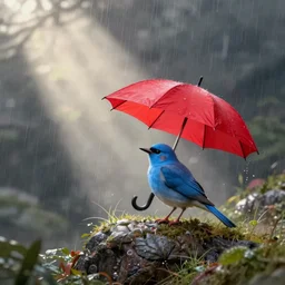 a blue bird using a red umbrella, light rain, storybook illustation