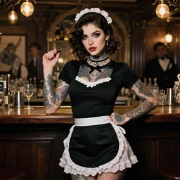 captivating bar maid, tattoos, black t - shirt, black skirt, detailed portrait, intricate complexity, by greg rutkowski, artgerm, ross tran, conrad roset, takato yomamoto, ilya kuvshinov. 4 k, beautiful, cinematic dramatic atmosphere