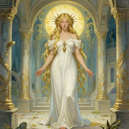 a beautiful spirit in a fantasy temple by krenz cushart and mucha and slop and greg rutkowski