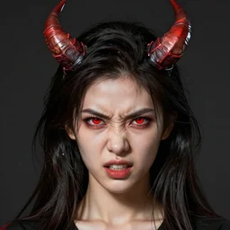 artstation young woman with red eyes and horns on her head in fury, very detailed, , portrait, high contrast