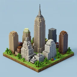 detailed build of new york city skyline built in minecraft, isometric view