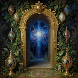the portal to mysterious adventure. decorated with foliage, faberge, and filigree. pulp sci - fi art for omni magazine. cosmic. baroque period, oil on canvas. renaissance masterpiece
