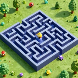 wimmelbilder maze made of 80's arcade landscape, little space invaders, isometric, octane render, unreal engine