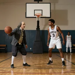 benjamin franklin staring down ben simmons in on a 1 8 th century basketball court