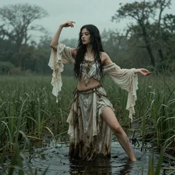 a holy woman in a strange pose in a swamp