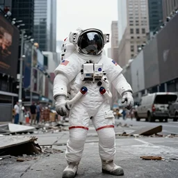 american white spacesuit astronaut in postapocalyptic abandoned times square, overcast, by steve mccurry, by nasa