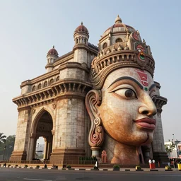 high quality 3 d render sci - fi neoclassical mumbai, kalighat hanuman!! head building, highly detailed, cinematic smooth unreal engine, berenice abbott, hard morning light, long shot, low angle, uhd 8 k, sharp focus