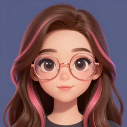 cute enby with long brown hair, pink streaks, androgynous boy girl, head and shoulders shot, round rose gold glasses, artstation, deviantart, highly detailed portrait, beautiful digital painting, discord avatar, solid background