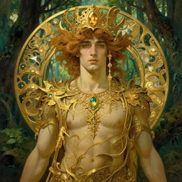 consciousness concept art, male, lush forest, magic, gnarly details, gold, gems, dramatic lighting, denoised, painted by tom bagshaw, alphonse mucha