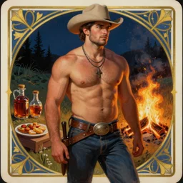 a dramatic, ethereal painting of a handsome thicc shirtless cowboy | background is a campfire at night with food and jugs of whisky | tarot!! card, art deco, art nouveau | by Mark Maggiori | trending on artstation