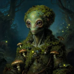 a close - up rococo portrait of an alien creature covered in moss, mushrooms, and swamp, 1 8 th century painting by jean - honore fragonard and moebius. fireflies, night time. gloomy blue green environment, blurry organic dark background. sci - fi fantasy renaissance masterpiece. artstation 8 3 2