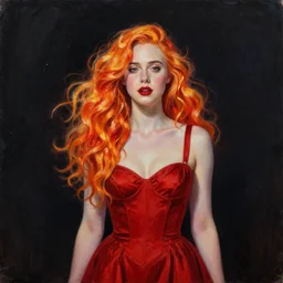 a striking hyper real oil painting of Elle Fanning in a red dress with flaming hair, dark starlit background,