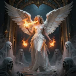a beautiful angelic woman standing at the entrance gate of hell and spitting fire balls, ghosts of lost souls in front of her, fantasy art, art by greg rutkowski and artgerm, amazing detail, hd, illustration, epic, intricate, elegant, artstation, concept art, smooth, sharp focus, cinematic