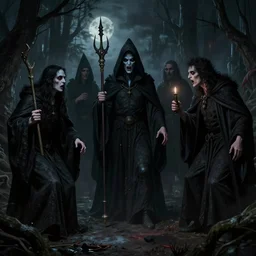 The night of the 5 murderous sorcerers, horror scene, highly detailded. By Rembrandt and Luis Royo