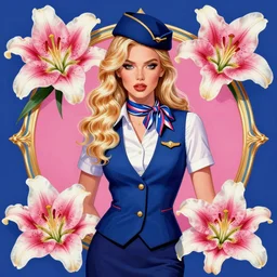 a beautiful fashion charming blond flight attendant, masterpiece retrowave art, symmetrical, maximalist, lily frame, art by ilya kuvshinov, rossdraws, sharp focus, art by wlop and artgerm, extreme detail, detailed drawing, detailed face
