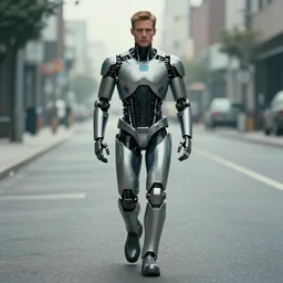movie film shot of a cybernetically enhanced man walking in the empty street, highly detailed, 4 k, cyberpunk