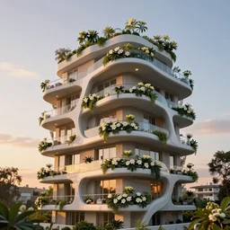 futuristic holiday balcony apartments that are inspired by the form of acanthus mollis flowers. sunset. artstation. cinematic. 4 k.