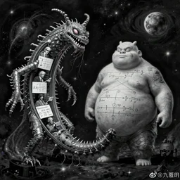 a long monster attached to a fat monster, both are deformed and have inside them mathematicians who know a lot about activation functions, surreal cosmic horror bizarre conceptual art